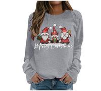 Womens Christmas Sweatshirt Merry Christmas Gnome Print Long Sleeve Pullover Top Casual Loose Fit Blouse Holiday Xmas Party Jumper Cozy Warm Lightweight Round Neck Tops For Winter Seasonal (Grey, L)