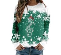 Womens Christmas Sweatshirt Treble Clef And Snowflake Print Crewneck Long Sleeve Pullover Casual Winter Tops Soft Comfy Loose Fit Holiday Jumper Festive Music Themed Sweatshirt For Xmas (Green, XL)