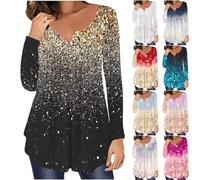 Womens Christmas Sweatshirts 3D Printed Xmas Jumper Ladies Long Sleeve Tops Pullover V-Neck Tunic Tops Buttons T-Shirt Flowy Henley Tshirt Casual Dressy Blouses for Leggings Festival Tops UK Size