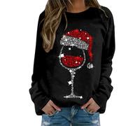 Women's Christmas Sweatshirts Wine Glass Funny Graphic Print Xmas Jumper Long Sleeve Round Neck Casual Pullover Oversized Dressy Trendy Sweater Winter Warm Ladies Holiday Tops (Black, XXL)