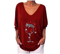 Womens Christmas Sweatshirts Xmas Jumper Tops Red Wine Glass Print Pullover V Neck Long Sleeve Blouse Casuals Party Costumes Winter Ladies Jumper Sweatshirts Fashion Loose Streetwear Plus Size