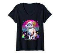 Womens Christmas Synthwave Snowshoe Cat Sunglasses V-Neck T-Shirt