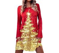 Women's Christmas T-Shirt Loose Dress Long Sleeve Round Neck 3D Ugly Christmas Print Casual Mini Dress Flowy Swing Tunic Dress (Red 2, XL)