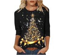 Womens Christmas Top UK Sale 3/4 Length Sleeve Blouses Cute Xmas Tree Print Tshirts Crew Neck Sweatshirts Novelty Blouses Pullover Basic Casual Cotton Tops Funny Outfits Basic Xmas T-Shirts