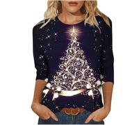 Womens Christmas Top UK Sale 3/4 Length Sleeve Blouses Cute Xmas Tree Print Tshirts Crew Neck Sweatshirts Novelty Blouses Pullover Basic Casual Cotton Tops Funny Outfits Basic Xmas T-Shirts