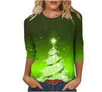 Womens Christmas Top UK Sale 3/4 Length Sleeve Blouses Cute Xmas Tree Print Tshirts Crew Neck Sweatshirts Novelty Blouses Pullover Basic Casual Cotton Tops Funny Outfits Basic Xmas T-Shirts