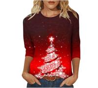 Womens Christmas Top UK Sale 3/4 Length Sleeve Blouses Cute Xmas Tree Print Tshirts Crew Neck Sweatshirts Novelty Blouses Pullover Basic Casual Cotton Tops Funny Outfits Basic Xmas T-Shirts