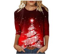 Womens Christmas Top UK Sale 3/4 Length Sleeve Blouses Cute Xmas Tree Print Tshirts Crew Neck Sweatshirts Novelty Blouses Pullover Basic Casual Cotton Tops Funny Outfits Basic Xmas T-Shirts