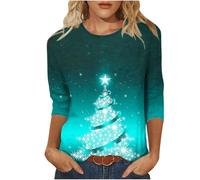 Womens Christmas Top UK Sale 3/4 Length Sleeve Blouses Cute Xmas Tree Print Tshirts Crew Neck Sweatshirts Novelty Blouses Pullover Basic Casual Cotton Tops Funny Outfits Basic Xmas T-Shirts