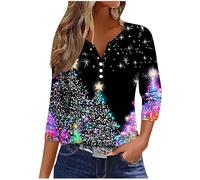 Womens Christmas Tops Button Up 3/4 Sleeve Xmas Tree Snowflake Printed T-shirt V Neck Xmas Shirts Funny Santa Claus Christmas T Shirts Casual Pullover Loose Blouse Party Tunic Ladies Tops