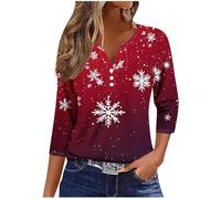 Womens Christmas Tops Button Up 3/4 Sleeve Xmas Tree Snowflake Printed T-shirt V Neck Xmas Shirts Funny Santa Claus Christmas T Shirts Casual Pullover Loose Blouse Party Tunic Ladies Tops