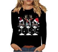 Womens Christmas Tops UK Long Sleeve Xmas Jumpers Wine Glasses Printed Tshirt Funny Snowflake Christmas Tree Santa T Shirt Merry Christmas Sweatshirt Ladies Blouse Novelty Tunic Tops