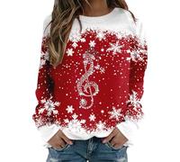 Womens Christmas Treble Clef Snowflake Print Sweatshirt Casual Crew Neck Long Sleeve Pullover Top Festive Music Theme Holiday Jumper Soft Warm Winter Tops for Women (Red, S)