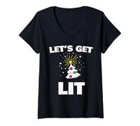 Womens Christmas Tree Let's Get Lit V-Neck T-Shirt