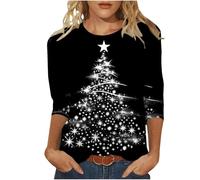 Womens Christmas Tree Print Sweatshirt Glitter Xmas Tree Printed 3/4 Sleeve Tops Casual Crew Neck Holiday T Shirt Sparkly Xmas Star Print Shirt Festive Holiday Graphic Shirts