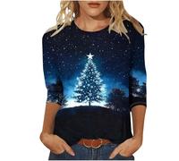 Womens Christmas Tree Print Sweatshirt Glitter Xmas Tree Printed 3/4 Sleeve Tops Casual Crew Neck Holiday T Shirt Sparkly Xmas Star Print Shirt Festive Holiday Graphic Shirts