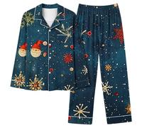 Women's Christmas Tree Pyjama Sets Xams Pjs Long Sleeve Pyjamas Set Soft Button Down Sleepwear 2 Piece Loungewear Ladies Snowflake Snowman Print Nightwear UK Clearance