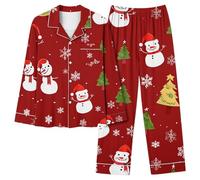Women's Christmas Tree Pyjama Sets Xams Pjs Long Sleeve Pyjamas Set Soft Button Down Sleepwear 2 Piece Loungewear Ladies Snowflake Snowman Print Nightwear UK Clearance