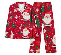 Women's Christmas Tree Pyjama Sets Xams Pjs Long Sleeve Pyjamas Set Soft Button Down Sleepwear 2 Piece Loungewear Ladies Snowflake Snowman Print Nightwear UK Clearance