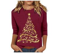 Women's Christmas Tree Sweatshirt Merry Christmas Tunic Tops Ladies Xmas Tops 3/4 Sleeve T Shirts Round Neck Blouse Oversized Tee Shirt Pullover Casual Xmas Party Costume UK Size 8-18