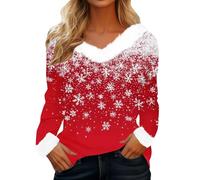Women's Christmas V-Neck Jumper with Fuzzy Trim - Long Sleeve Santa Wine Glass Print Pullover, Festive Reindeer & Fairy Lights Graphic Sweater, Soft Comfortable Holiday Top for Christmas Party