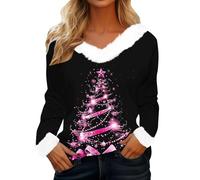 Women's Christmas V-Neck Jumper with Fuzzy Trim - Long Sleeve Santa Wine Glass Print Pullover, Festive Reindeer & Fairy Lights Graphic Sweater, Soft Comfortable Holiday Top for Christmas Party