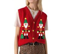 Womens Christmas Vests Ugly Christmas Sweater Vest Y2k V Neck Cute Pattern Button Up Knit Tank Tops Waistcoat Gilets Outwear (E-02, S)