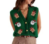 Womens Christmas Vests V Neck Ugly Christmas Sweater Vest Sequin Gilets | Gingerbread Man Vest,Sequin Knit Tank Tops,Button Down Xmas tank tops,Christmas Waistcoat