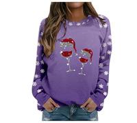Women'S Christmas Wine Glass Print Long Sleeve Hoodie Casual Round Neck Pullover Holiday Cheer Festive Winter Tops Thermal Sweatshirts For Women Uk (Purple, M)