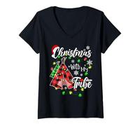 Womens Christmas with My Tribe Family Plaid Pajamas Xmas Lights V-Neck T-Shirt