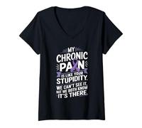 Womens Chronic Pain Awareness Purple Ribbon Warrior Chronic Illness V-Neck T-Shirt