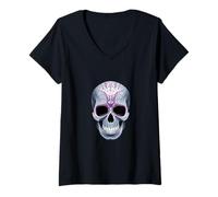 Women's Chuckling Skull Pink Cross Dia De Los Muertos Day Dead V-Neck T-Shirt