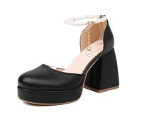Women's Chunky Block Heel Mary Jane Sandals | Closed Round Toe Platform Dress Pumps Faux Leather Bridal Party Prom Shoes With Pearl Ankle Chain