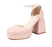 Women's Chunky Block Heel Mary Jane Sandals | Closed Round Toe Platform Dress Pumps Faux Leather Bridal Party Prom Shoes With Pearl Ankle Chain