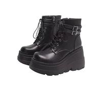 Womens Chunky Boots Waterproof Breathable Combat Wedge Ankle Boots Comfort Stylish Lace Up Side Zipper Classic Punk Thick Bottom Biker Shoes Outdoor Walking