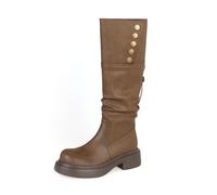 Women's Chunky Bottom Boots Tall Folded Muddled Pile-Up Boots Waste Land Style Knight Round Toe Casual LadiesShoes Brown