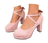 Womens Chunky Heel Court Shoes Ankle Strap Buckle Pumps Comfortable Round Toe Suede Platform Heels Elegant Dress Footwear Outdoor Walking Festival Party Evening Occasion, Pink, 35