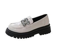 Women's Chunky Heel Loafers Platform Patent Leather Chunky Loafer Casual Slip On Leather Shoes with Diamond-Clearance White 6