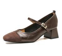 Women's Chunky Heel Mary Jane Shoes Vintage Suede Leather Patchwork Square Toe Versatile Work Commuter Shoes Comfortable Slip Resistant Brown
