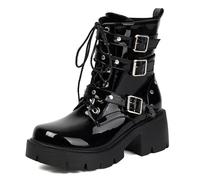 Women's Chunky Heel Platform Boots Patent Leather Lace Up Triple Buckle Straps Side Zip for Punk Rock Outfits and Stage Wear,Black Patent,7 UK
