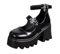 Women's Chunky Heel Platform Mary Janes Shoes Square Toe Bat Buckle Strap Pumps PU Leather Cosplay Uniform Shoes,Black,5.5 UK