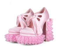 Women's Chunky Heeled Platform Pumps, Cloth Hollow Lace Edge Bow Ankle Boots, Round Toe Thick Sole Hot Girls High Sandals, 14.5cm,Pink,37
