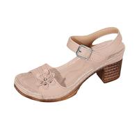 Women's Chunky Heels Cork Sandals for Appliques Block Heel Hollow Out Breathable Sandal Ankle Wrap Square Open Toe Fashionable Elegant Outdoor Shoes Suitable for Walking on the Beach (Khaki, 4.5)