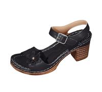 Women's Chunky Heels Cork Sandals for Appliques Block Heel Hollow Out Breathable Sandal Ankle Wrap Square Open Toe Fashionable Elegant Outdoor Shoes Suitable for Walking on the Beach (Black, 4)