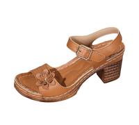 Women's Chunky Heels Cork Sandals for Appliques Block Heel Hollow Out Breathable Sandal Ankle Wrap Square Open Toe Fashionable Elegant Outdoor Shoes Suitable for Walking on the Beach (Brown, 4)