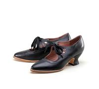 Women's Chunky Kitten Heel Vintage Lace Up Leather Pumps,Ladies Trendy Dressy Casual Court Comfortable Closed Pointed Toe Fancy Holiday Shoe (Black,5.5)