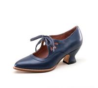 Women's Chunky Kitten Heel Vintage Lace Up Leather Pumps,Ladies Trendy Dressy Casual Court Comfortable Closed Pointed Toe Fancy Holiday Shoe (Navy Blue,6)