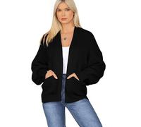 Women's Chunky Knit Cardigan - Oversized Open Front Puff Sleeve Sweater with Balloon Sleeves & Pockets - Loose Fit, One Size (12-18), Cozy Short Knitwear for Autumn & Winter (One Size, Black)