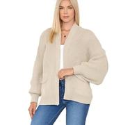Women's Chunky Knit Cardigan - Oversized Open Front Puff Sleeve Sweater with Balloon Sleeves & Pockets - Loose Fit, One Size (12-18), Cozy Short Knitwear for Autumn & Winter (One Size, Beige)