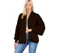 Women's Chunky Knit Cardigan - Oversized Open Front Puff Sleeve Sweater with Balloon Sleeves & Pockets - Loose Fit, One Size (12-18), Cozy Short Knitwear for Autumn & Winter (One Size, Brown)